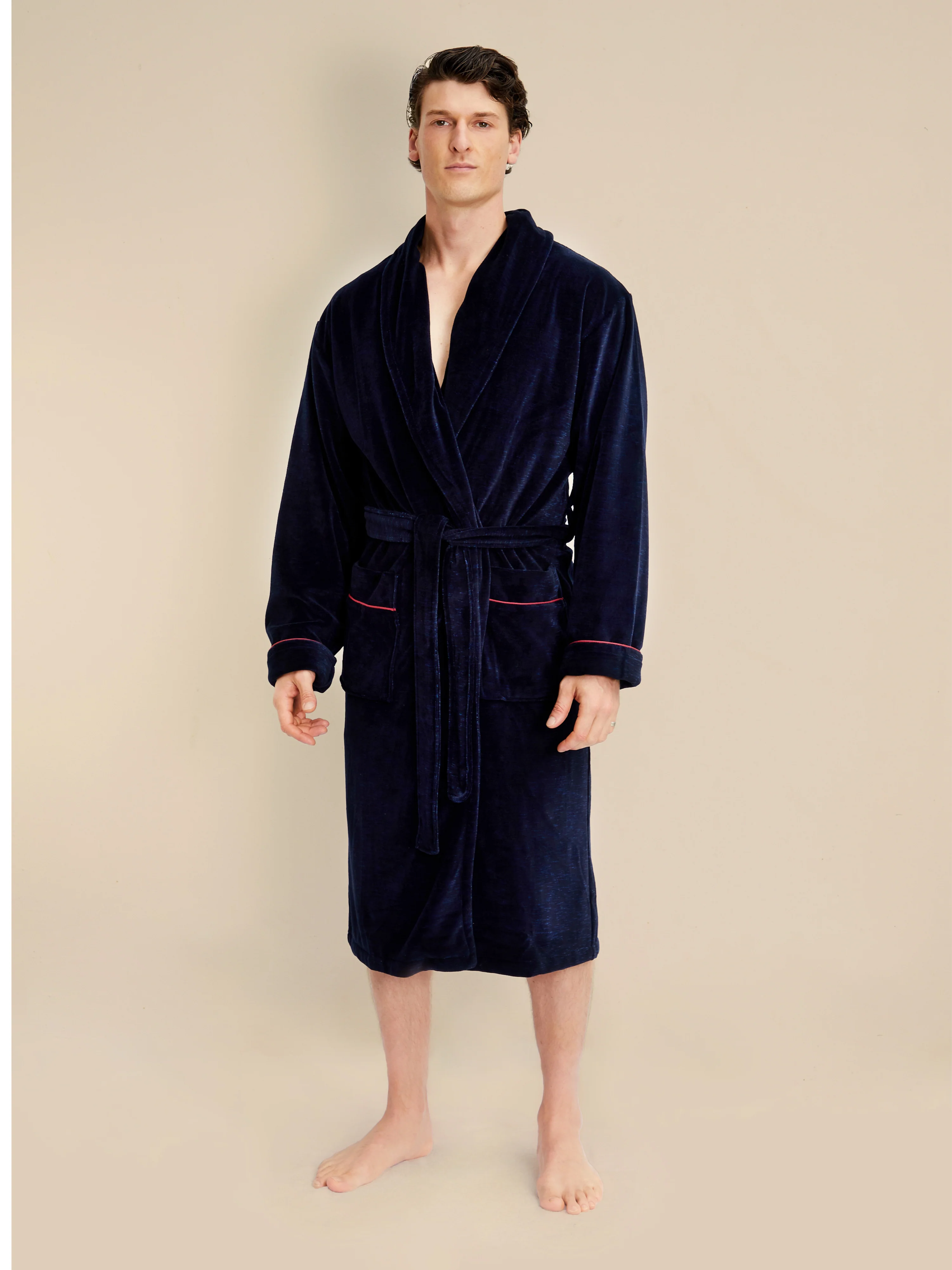 Carnegie Luxury Cotton Long Velvet Smoking Jacket in Navy - Image 2