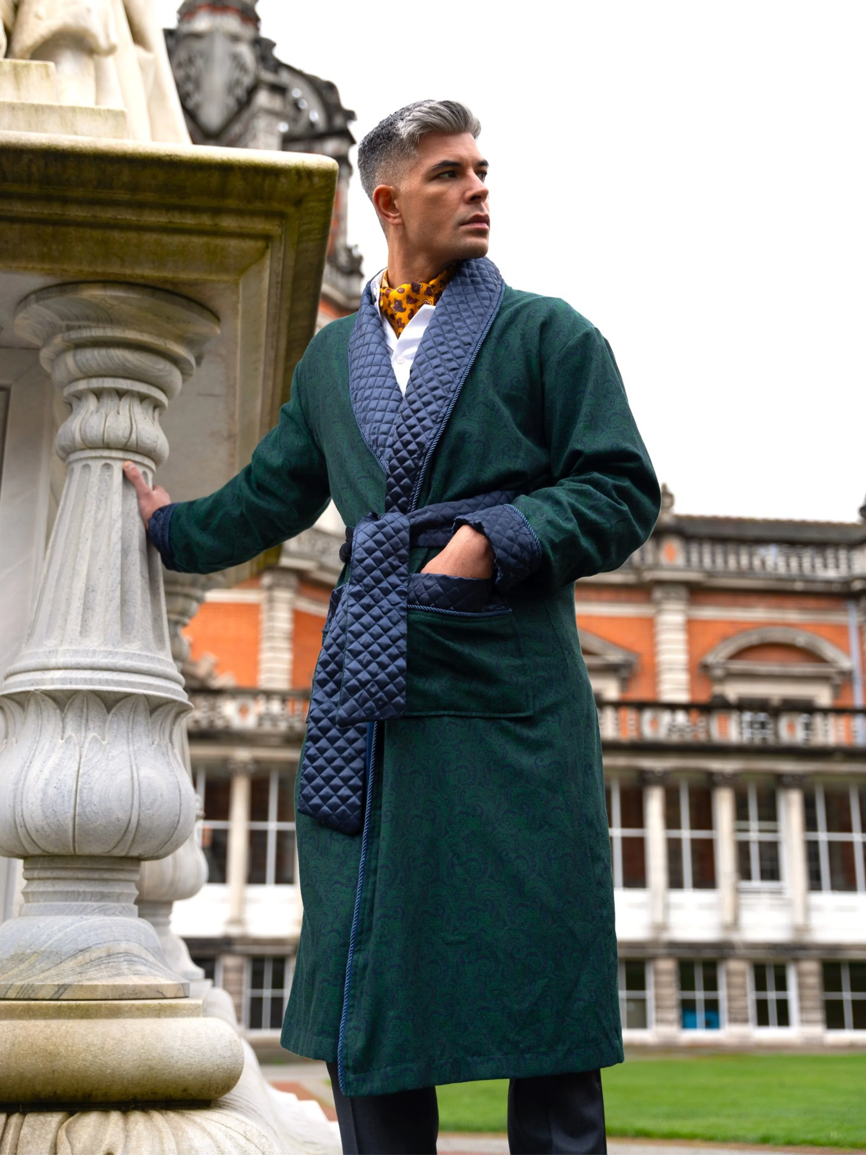 Connaught Long Smoking Jacket Robe in Green - Image 4