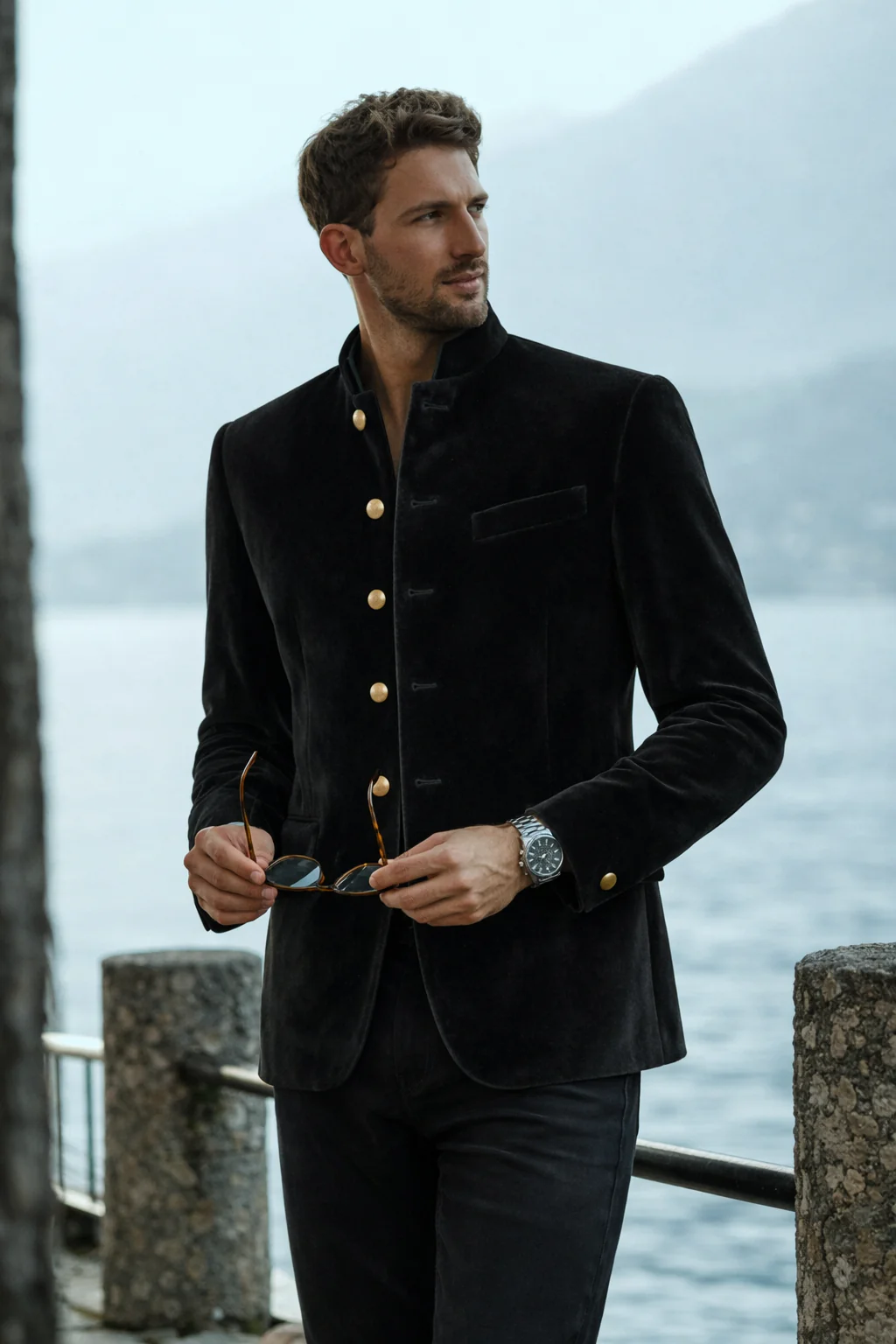 Made to Measure Black Italian Velvet Nehru Collar Jacket - Image 2