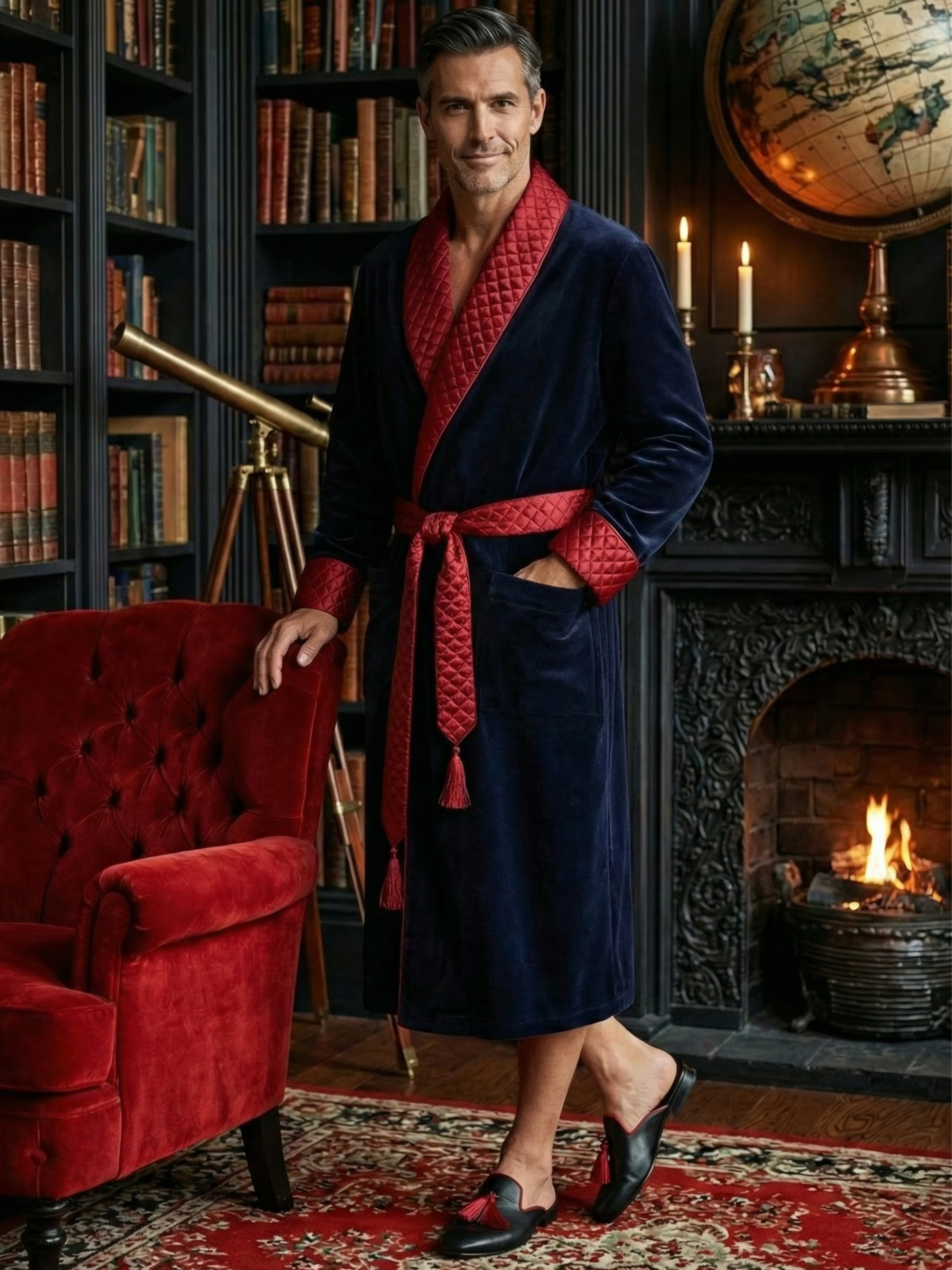 Mayfair Long Velvet Navy Smoking Jacket with Burgundy Piping - Image 3