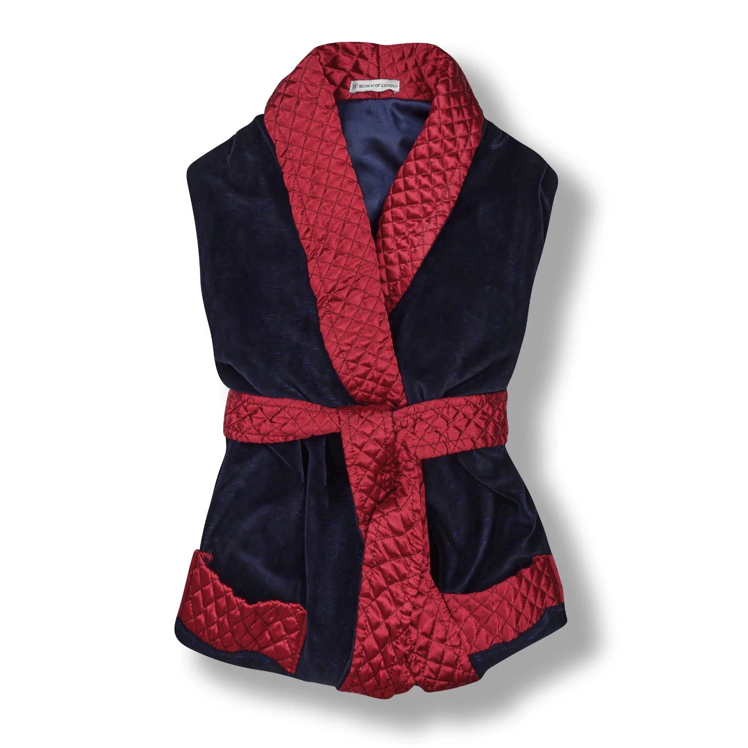 Mayfair Long Velvet Navy Smoking Jacket with Burgundy Piping - Image 5